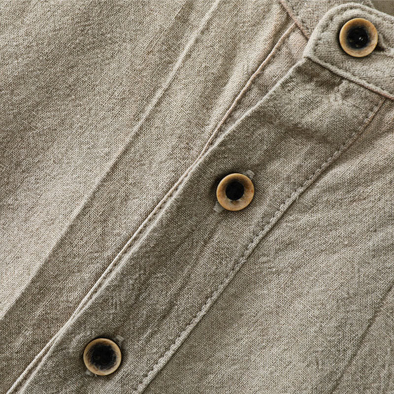 Buddha Stones Plain Pleats Half Buttons Design Stand Collar Herren Langarmhemd aus Baumwolle und Leinen - image 3