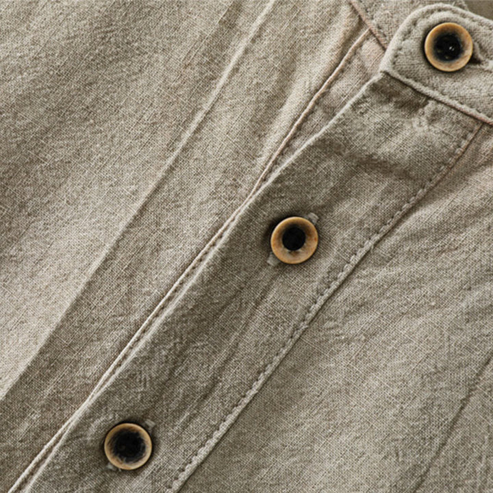 Buddha Stones Plain Pleats Half Buttons Design Stand Collar Herren Langarmhemd aus Baumwolle und Leinen - image 3