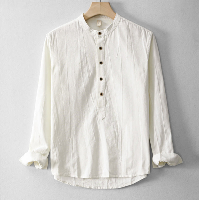 Buddha Stones Plain Pleats Half Buttons Design Stand Collar Herren Langarmhemd aus Baumwolle und Leinen - BlumenWeiß - US/ UK/AU44，EU54 (4XL) - image 6