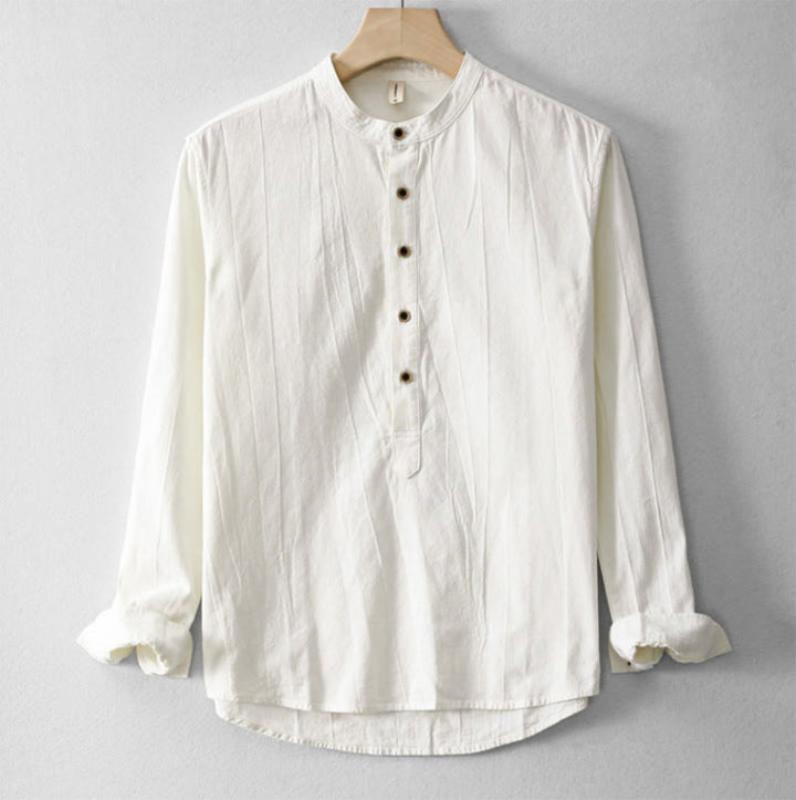 Buddha Stones Plain Pleats Half Buttons Design Stand Collar Herren Langarmhemd aus Baumwolle und Leinen - BlumenWeiß - US/ UK/AU44，EU54 (4XL) - image 6