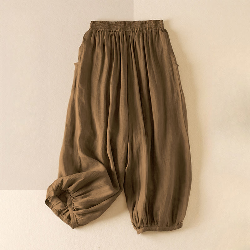 Buddha Stones Sommer-Hose, einfarbig, lässig, kurze Hose, doppellagig, aus Baumwolle und Leinen, mit Taschen