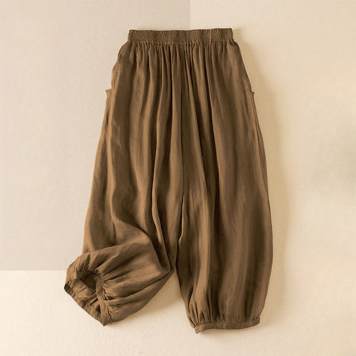 Buddha Stones Sommer-Hose, einfarbig, lässig, kurze Hose, doppellagig, aus Baumwolle und Leinen, mit Taschen