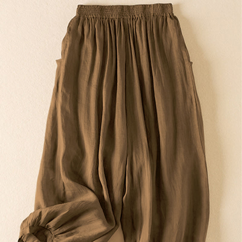 Buddha Stones Sommer-Hose, einfarbig, lässig, kurze Hose, doppellagig, aus Baumwolle und Leinen, mit Taschen
