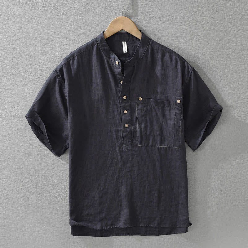 Buddha Stones Sommer Halbknöpfe Design Revers Herren Kurzarm Leinenhemd mit Tasche - Mitternachtsblau - US/ UK/AU42，EU52 (3XL) - image 3