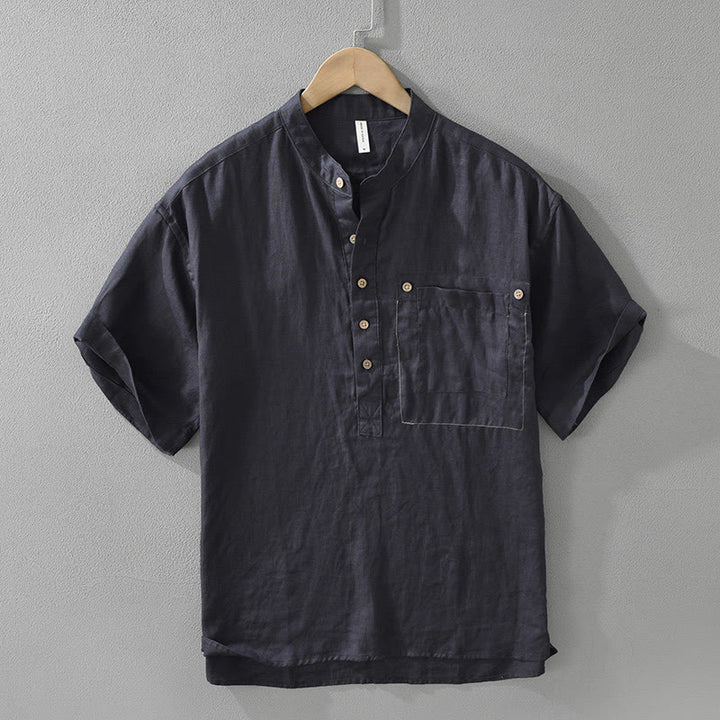Buddha Stones Sommer Halbknöpfe Design Revers Herren Kurzarm Leinenhemd mit Tasche - Mitternachtsblau - US/ UK/AU42，EU52 (3XL) - image 3