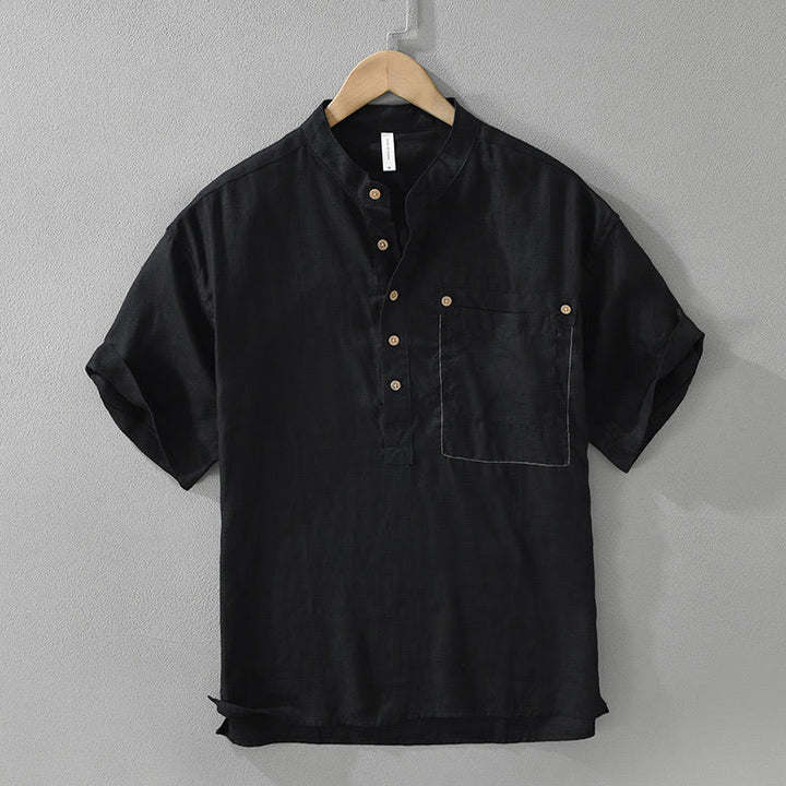 Buddha Stones Sommer Halbknöpfe Design Revers Herren Kurzarm Leinenhemd mit Tasche - Schwarz - US/ UK/AU42，EU52 (3XL) - image 1
