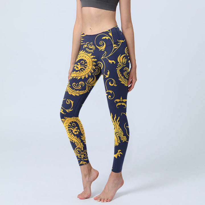Buddha Stones Golden Dragons Vine Print Gym Leggings Damen Yogahose - Dunkelblau - US18, UK/AU22, EU50 (4XL) - image 0