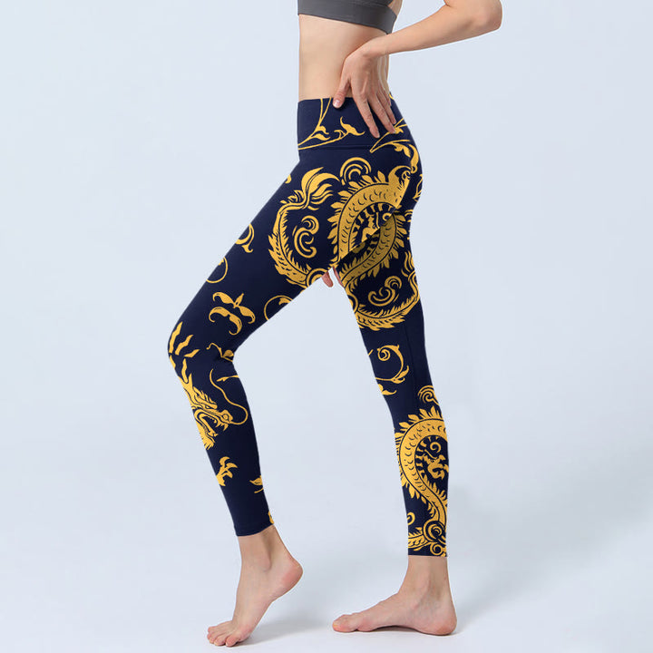 Buddha Stones Golden Dragons Vine Print Gym Leggings Damen Yogahose - image 3
