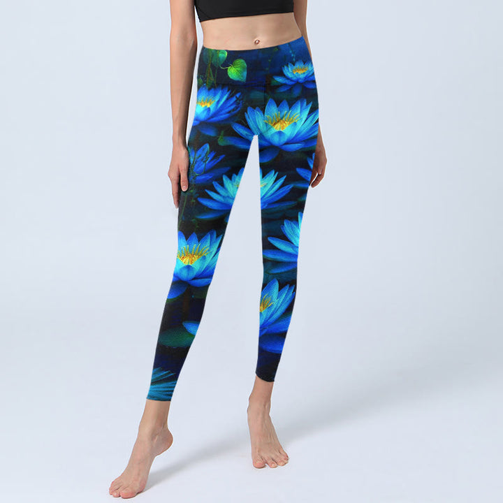 Buddha Stones Tiefblaue Seerose Lotus Print Gym Leggings Damen Yogahose - image 5