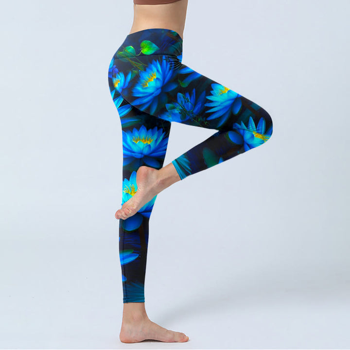 Buddha Stones Tiefblaue Seerose Lotus Print Gym Leggings Damen Yogahose - image 3