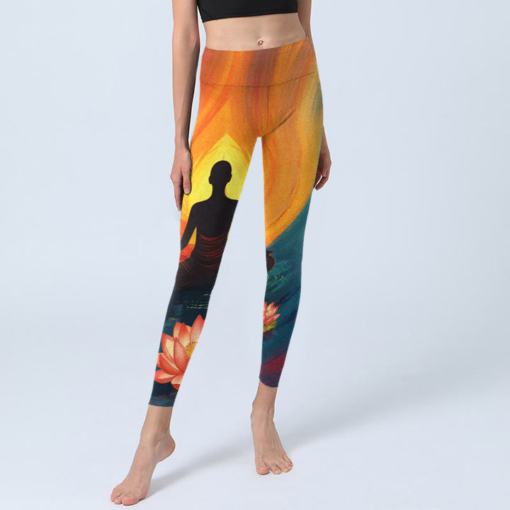 Buddha Stones Meditierende Figur Lotusblumendruck Gym Leggings Damen Yogahose - image 5