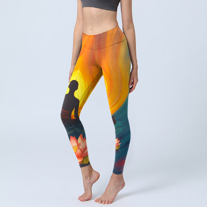 Buddha Stones Meditierende Figur Lotusblumendruck Gym Leggings Damen Yogahose - SandyBrown - US18, UK/AU22, EU50 (4XL) - image 0