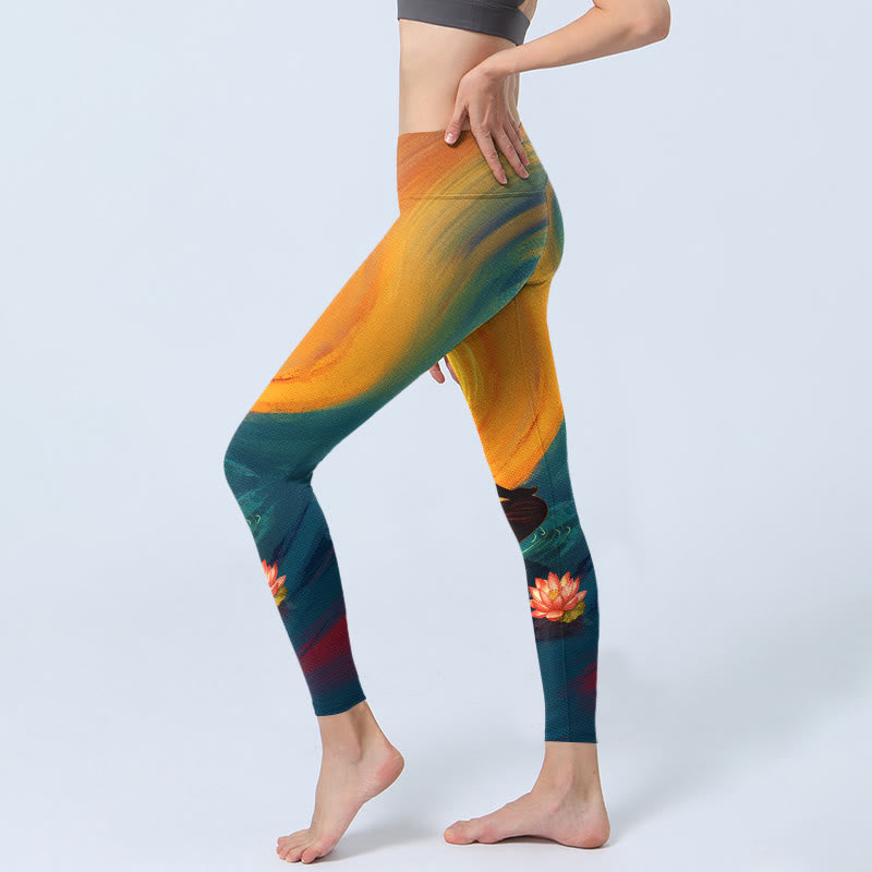 Buddha Stones Meditierende Figur Lotusblumendruck Gym Leggings Damen Yogahose - image 3