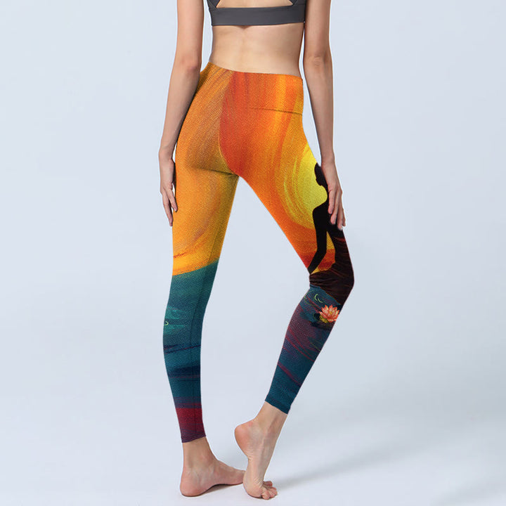 Buddha Stones Meditierende Figur Lotusblumendruck Gym Leggings Damen Yogahose - image 5