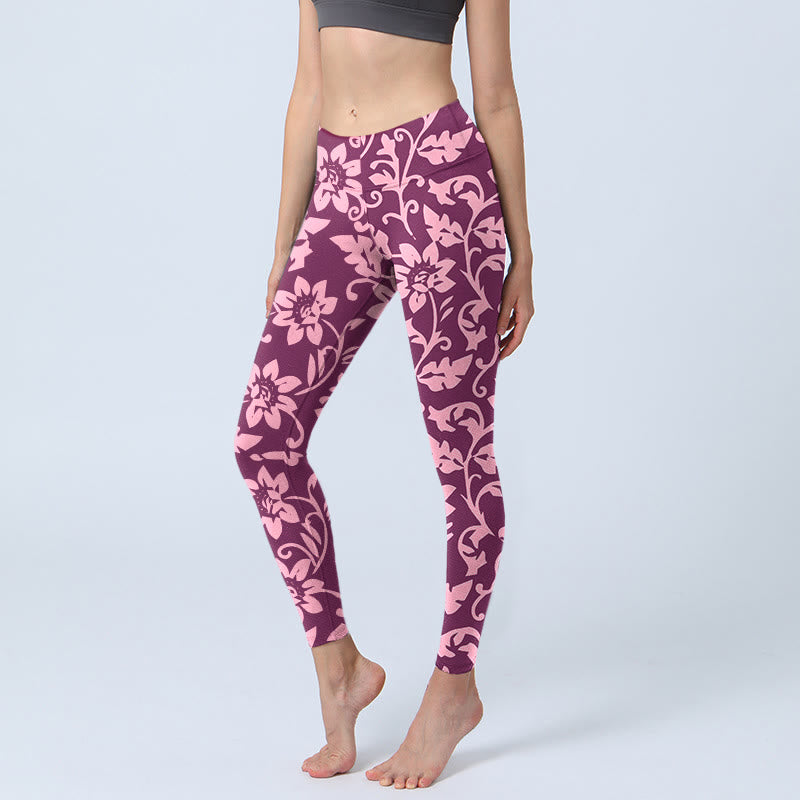 Buddha Stones Rosa Sonnenblumen Print Gym Leggings Damen Yogahose - Mittelviolettrot - US18, UK/AU22, EU50 (4XL) - image 0