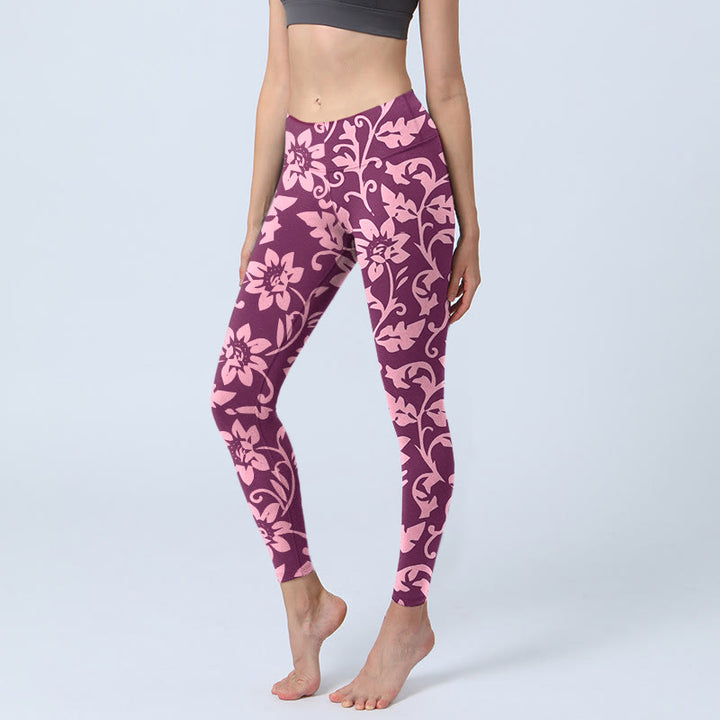 Buddha Stones Rosa Sonnenblumen Print Gym Leggings Damen Yogahose - Mittelviolettrot - US18, UK/AU22, EU50 (4XL) - image 0