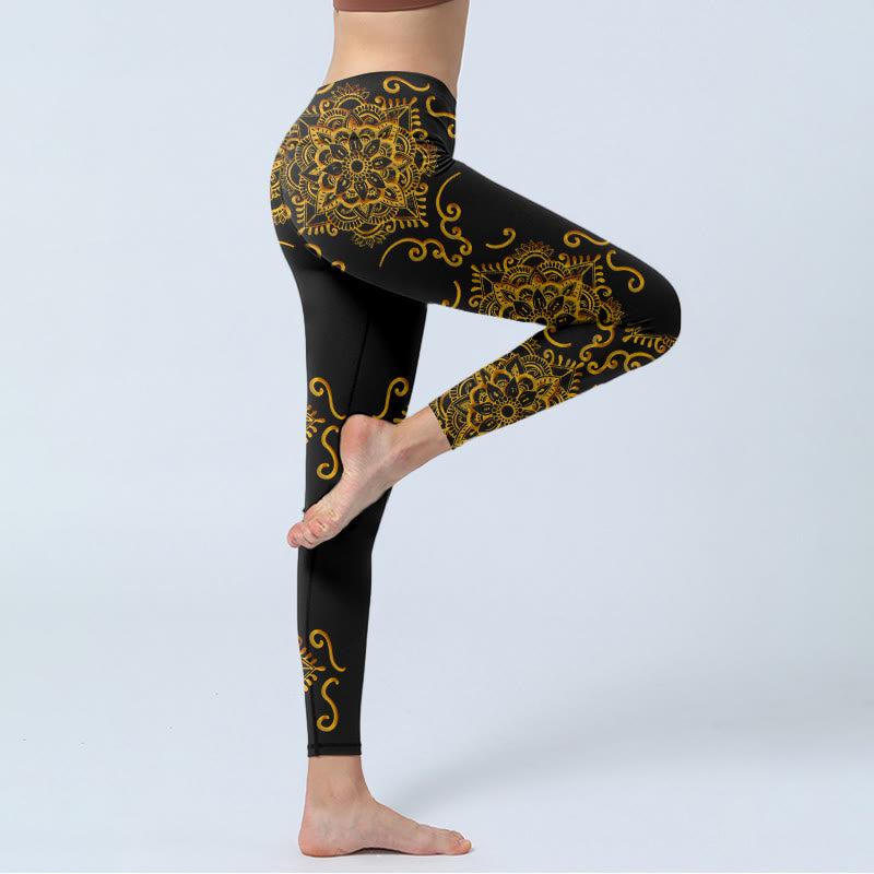 Buddha Stones Golden Mandala Blumen Print Gym Leggings Damen Yogahose - image 3