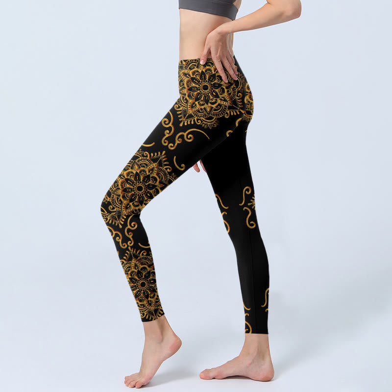 Buddha Stones Golden Mandala Blumen Print Gym Leggings Damen Yogahose - image 3