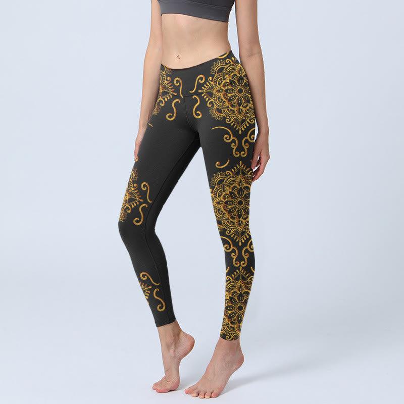 Buddha Stones Golden Mandala Blumen Print Gym Leggings Damen Yogahose - Schwarz - US18, UK/AU22, EU50 (4XL) - image 0