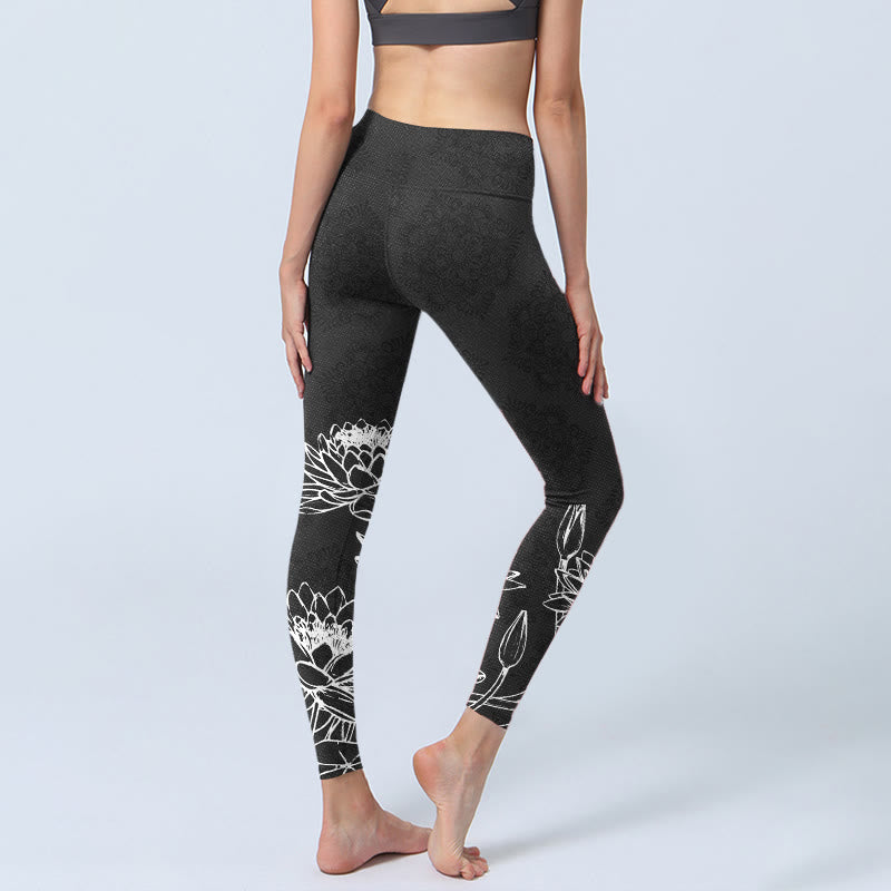 Buddha Stones White Sketch Lotusblumen Blätter Print Gym Leggings Damen Yogahose - image 5