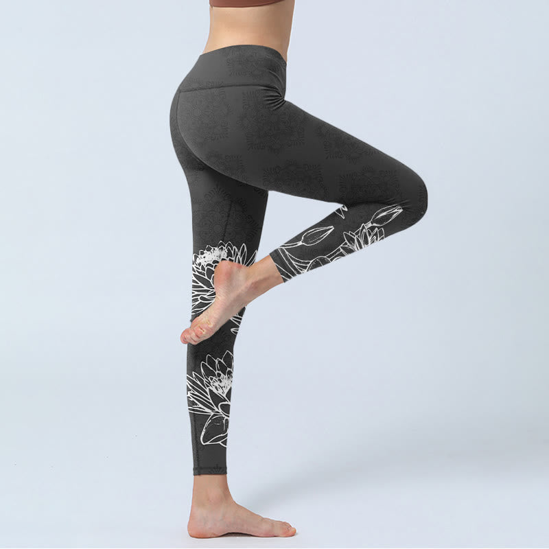 Buddha Stones White Sketch Lotusblumen Blätter Print Gym Leggings Damen Yogahose - image 3