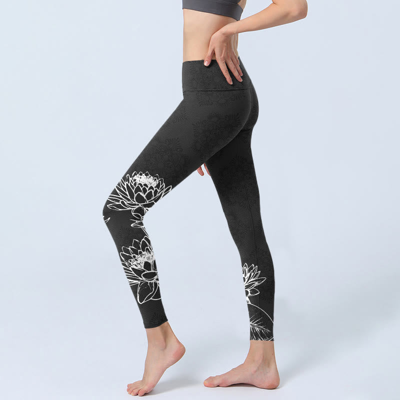 Buddha Stones White Sketch Lotusblumen Blätter Print Gym Leggings Damen Yogahose - image 2