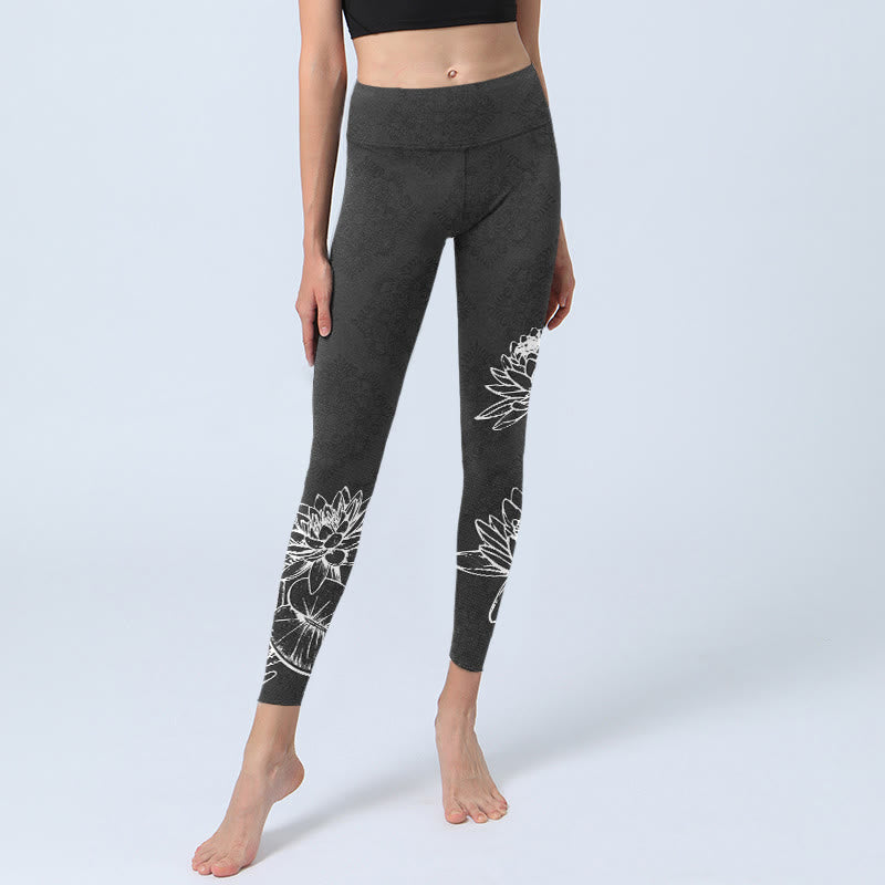 Buddha Stones White Sketch Lotusblumen Blätter Print Gym Leggings Damen Yogahose - image 5
