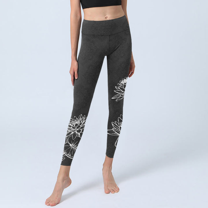 Buddha Stones White Sketch Lotusblumen Blätter Print Gym Leggings Damen Yogahose - image 5