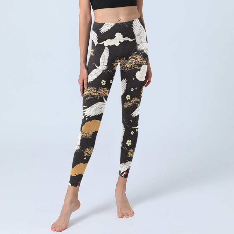 Buddha Stones, weiße Mandschurenkraniche, goldene Kiefernbäume, Print, Gym-Leggings, Damen-Yogahose - image 5