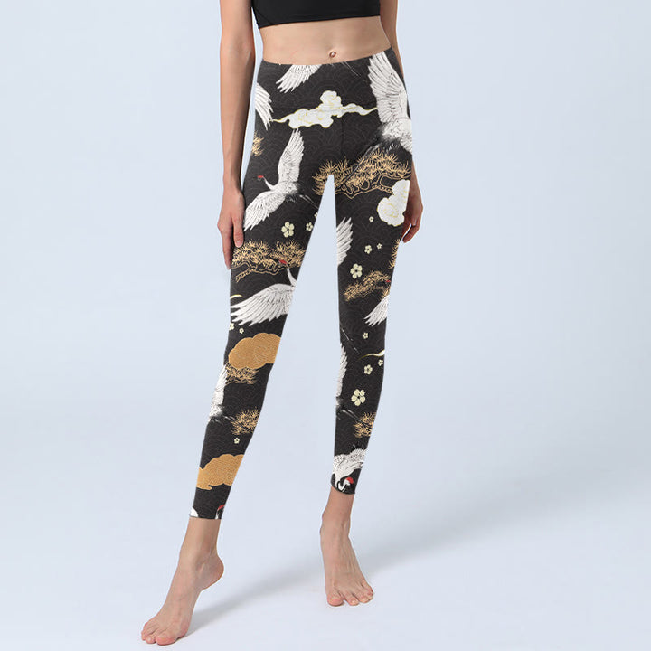 Buddha Stones, weiße Mandschurenkraniche, goldene Kiefernbäume, Print, Gym-Leggings, Damen-Yogahose - image 5