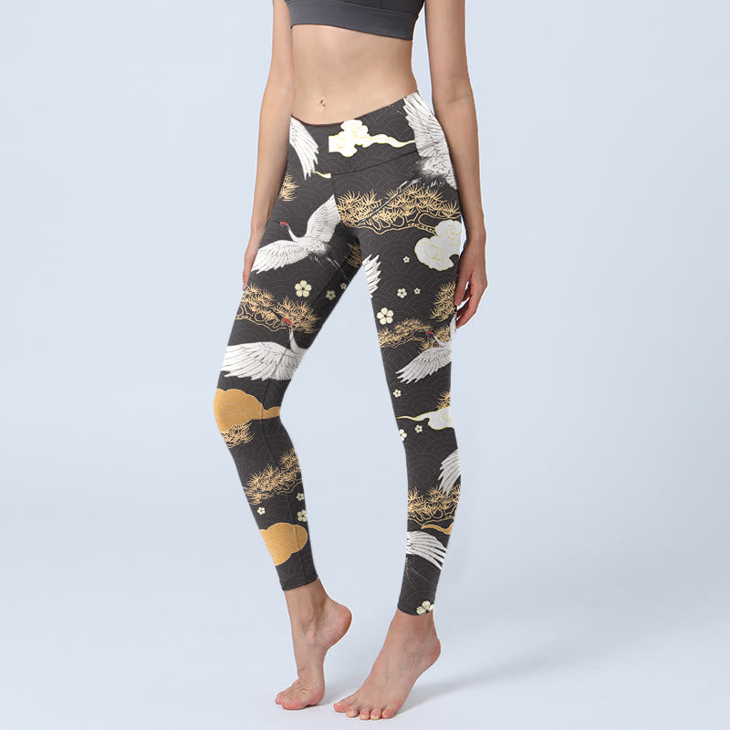 Buddha Stones, weiße Mandschurenkraniche, goldene Kiefernbäume, Print, Gym-Leggings, Damen-Yogahose - Schwarz - US18， UK/AU22，EU50 (4XL) - image 1