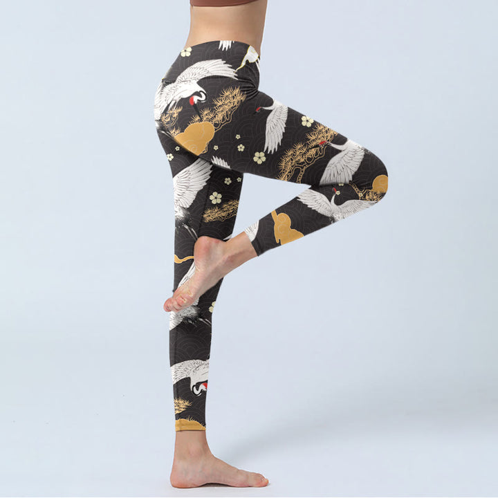 Buddha Stones, weiße Mandschurenkraniche, goldene Kiefernbäume, Print, Gym-Leggings, Damen-Yogahose - image 3