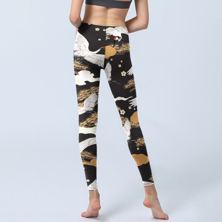Buddha Stones, weiße Mandschurenkraniche, goldene Kiefernbäume, Print, Gym-Leggings, Damen-Yogahose - image 6