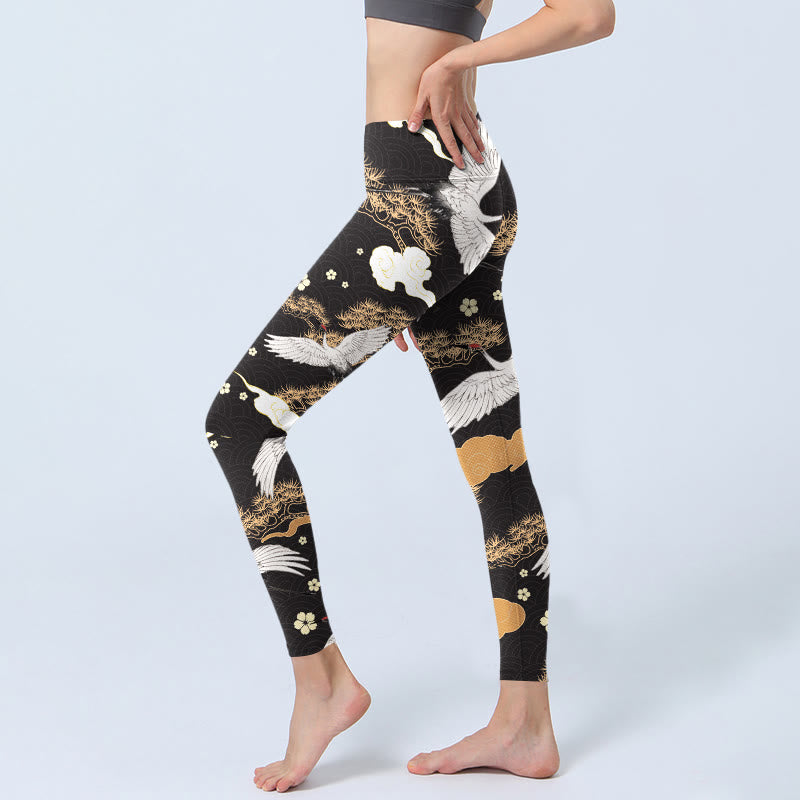Buddha Stones, weiße Mandschurenkraniche, goldene Kiefernbäume, Print, Gym-Leggings, Damen-Yogahose - image 3