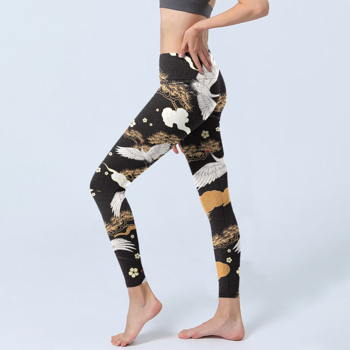 Buddha Stones, weiße Mandschurenkraniche, goldene Kiefernbäume, Print, Gym-Leggings, Damen-Yogahose - image 3