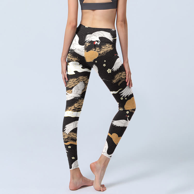 Buddha Stones, weiße Mandschurenkraniche, goldene Kiefernbäume, Print, Gym-Leggings, Damen-Yogahose - image 4