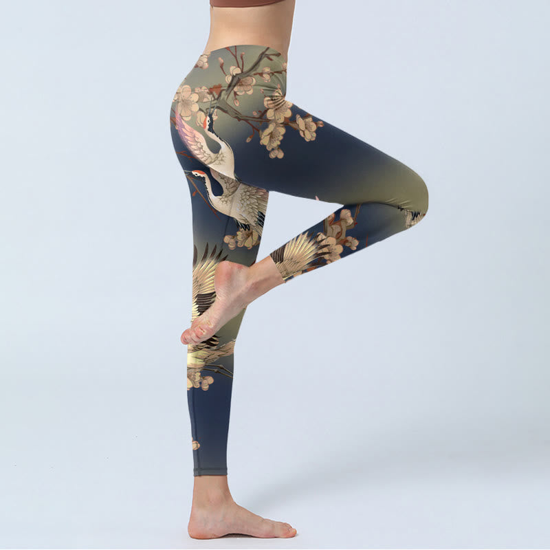 Buddha Stones Weißer Kranich Weiß Blühender Zweig Print Gym Leggings Damen Yogahose - image 3