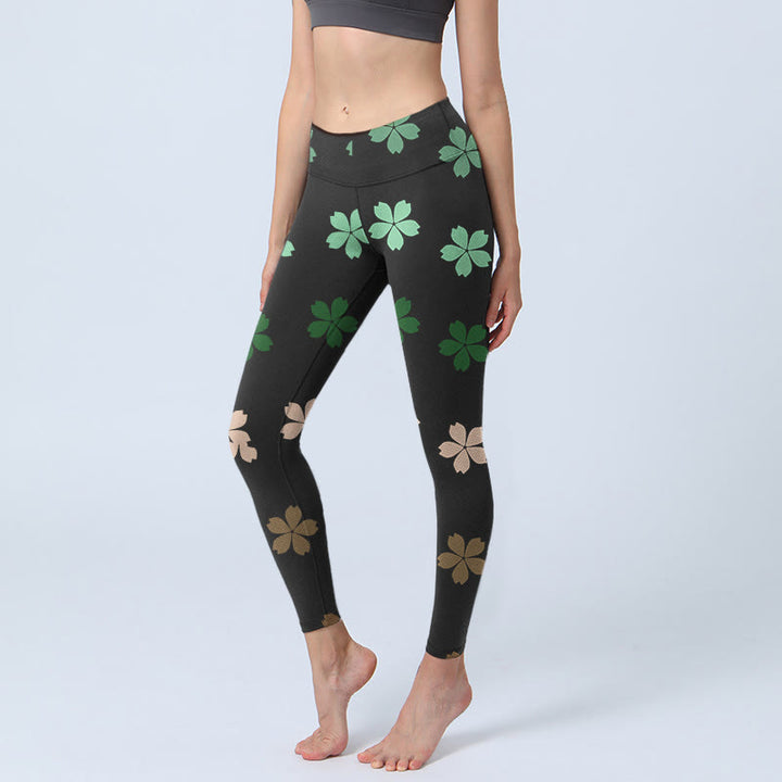 Buddha Stones Grün Rosa Fünfblättrige Blumen Print Gym Leggings Damen Yogahose - Schwarz - US18, UK/AU22, EU50 (4XL) - image 0