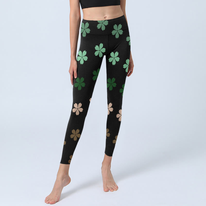 Buddha Stones Grün Rosa Fünfblättrige Blumen Print Gym Leggings Damen Yogahose - image 6