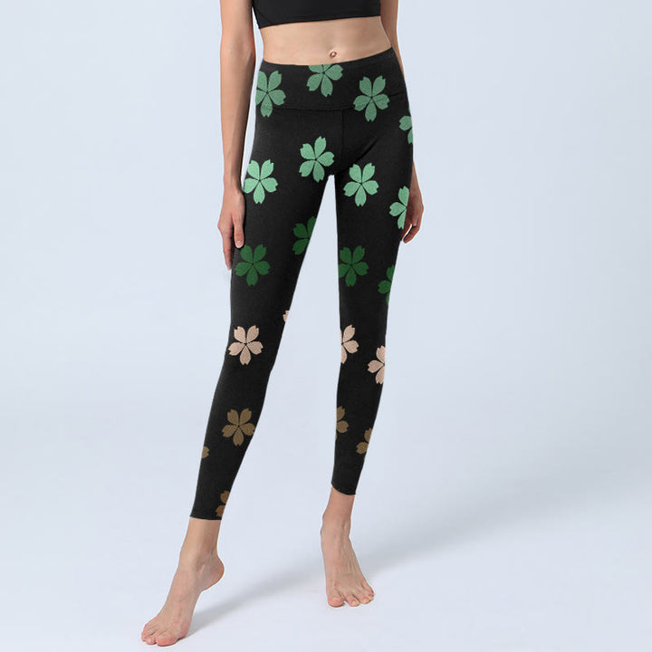 Buddha Stones Grün Rosa Fünfblättrige Blumen Print Gym Leggings Damen Yogahose - image 5