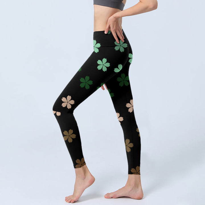 Buddha Stones Grün Rosa Fünfblättrige Blumen Print Gym Leggings Damen Yogahose - image 3