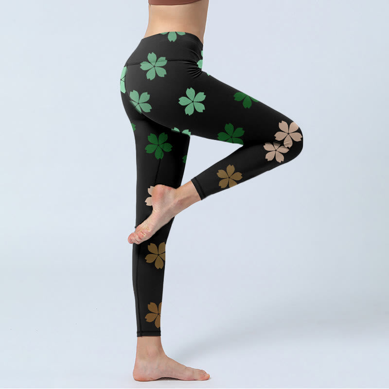 Buddha Stones Grün Rosa Fünfblättrige Blumen Print Gym Leggings Damen Yogahose - image 3