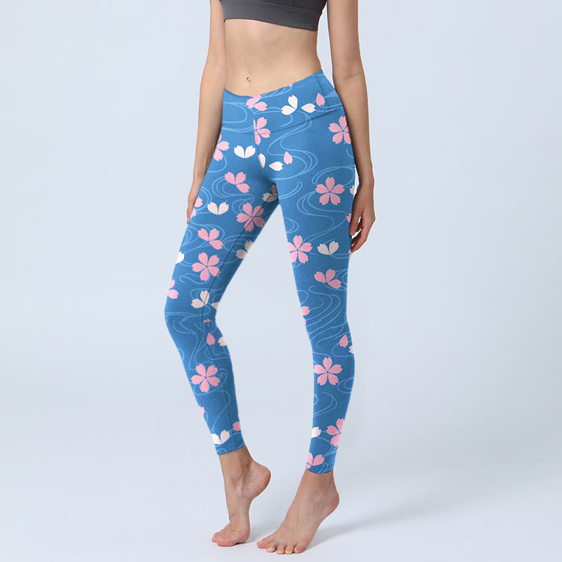 Buddha Stones Rosa Kirschblüten Linien Print Gym Leggings Damen Yogahose - Hellblau - US18, UK/AU22, EU50 (4XL) - image 0
