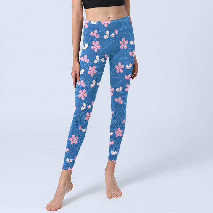 Buddha Stones Rosa Kirschblüten Linien Print Gym Leggings Damen Yogahose - image 5