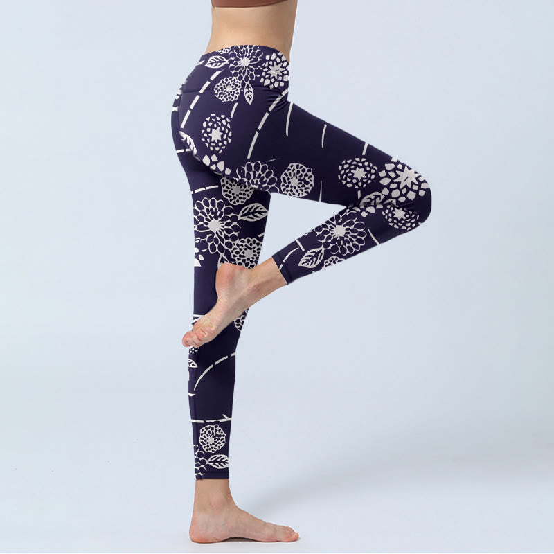 Buddha Stones Weiß Skizze Chrysanthemen Print Gym Leggings Damen Yogahose - image 4