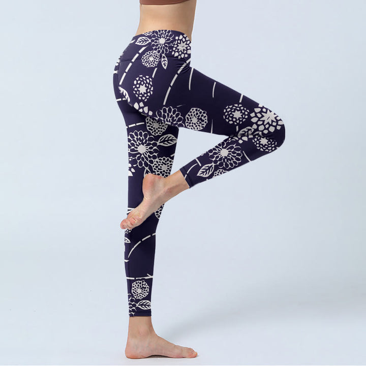Buddha Stones Weiß Skizze Chrysanthemen Print Gym Leggings Damen Yogahose - image 4