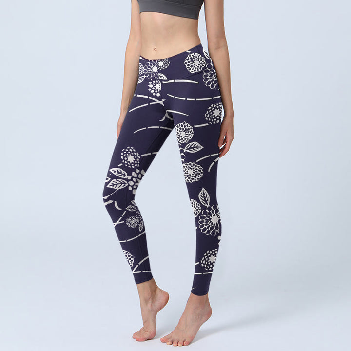 Buddha Stones Weiß Skizze Chrysanthemen Print Gym Leggings Damen Yogahose - Schwarz - US18, UK/AU22, EU50 (4XL) - image 0
