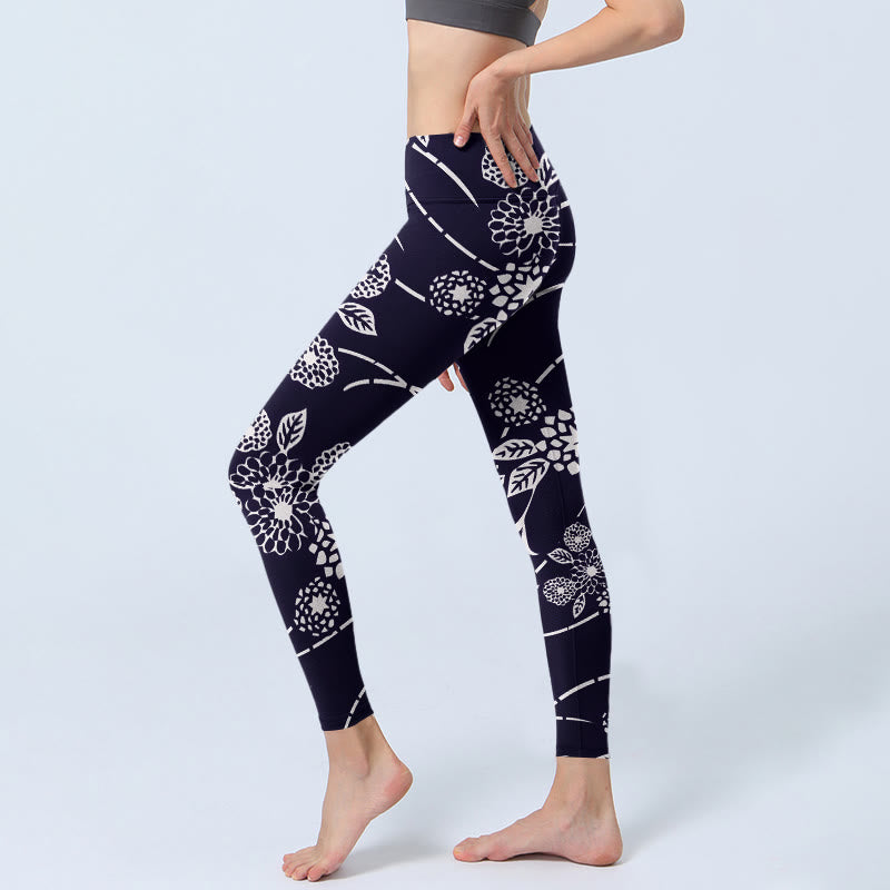 Buddha Stones Weiß Skizze Chrysanthemen Print Gym Leggings Damen Yogahose - image 3
