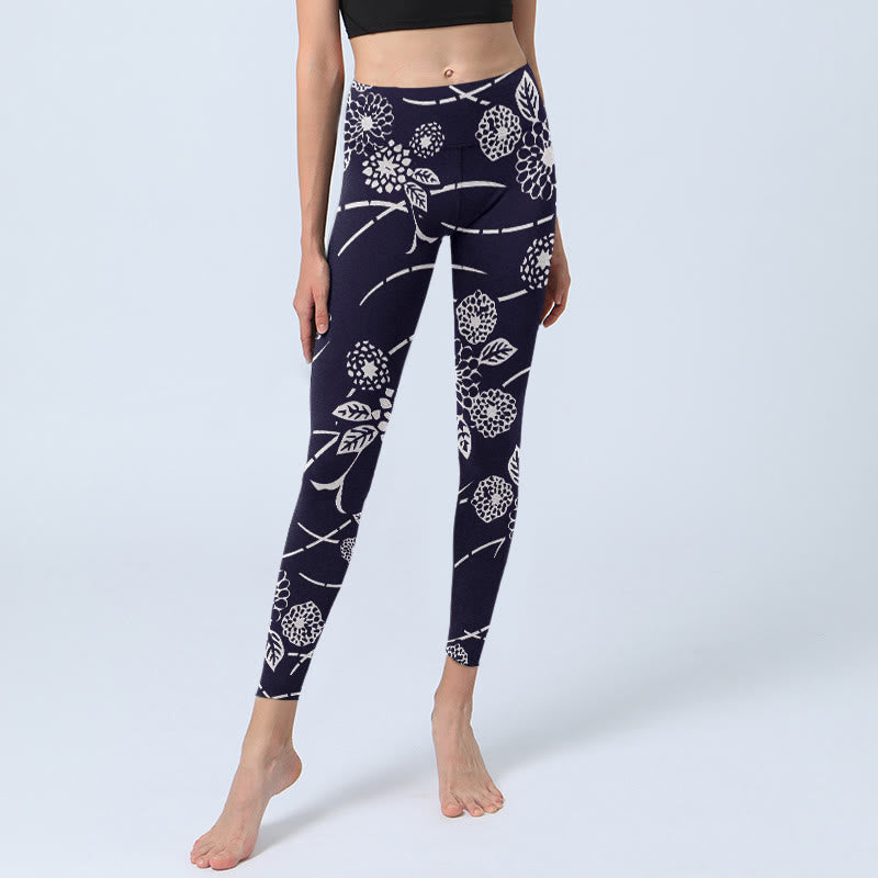 Buddha Stones Weiß Skizze Chrysanthemen Print Gym Leggings Damen Yogahose - image 5