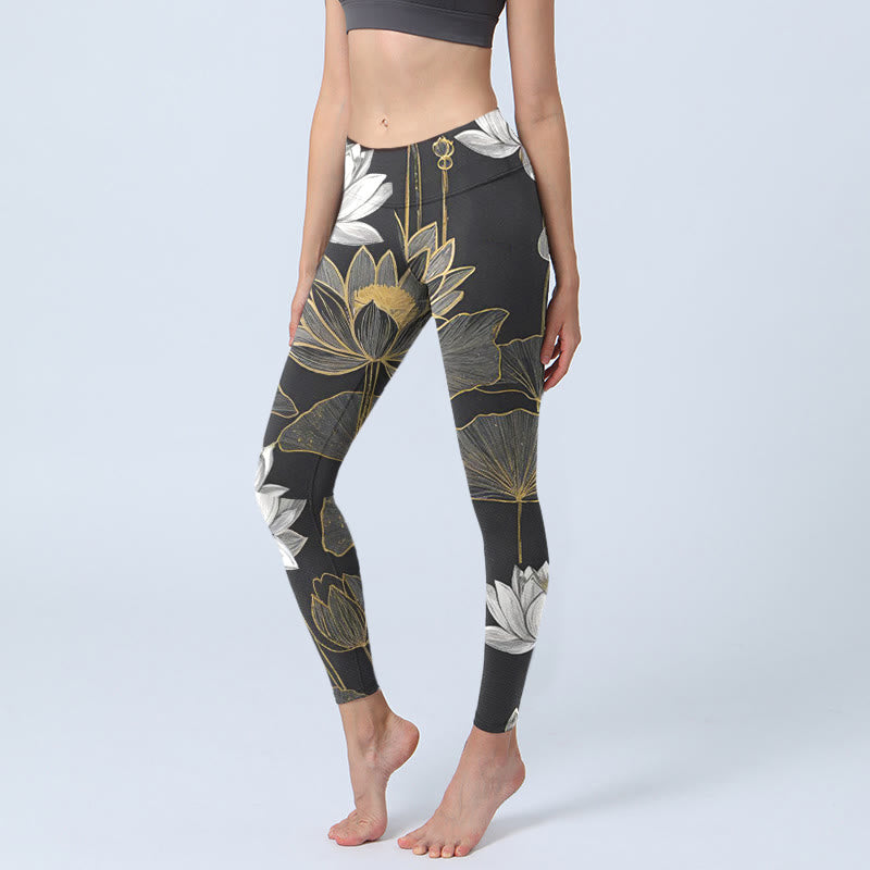 Buddha Stones Weiß Golden Lotus Blätter Print Gym Leggings Damen Yoga Hose - Schwarz - US18, UK/AU22, EU50 (4XL) - image 0